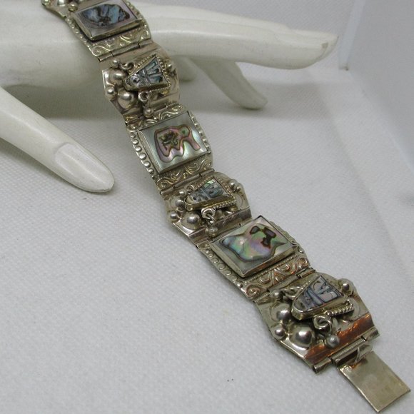 ABALONE MEXICAN SILVER Panel Bracelet Abalone Masks Rectangles Marked Mexico - Picture 12 of 15